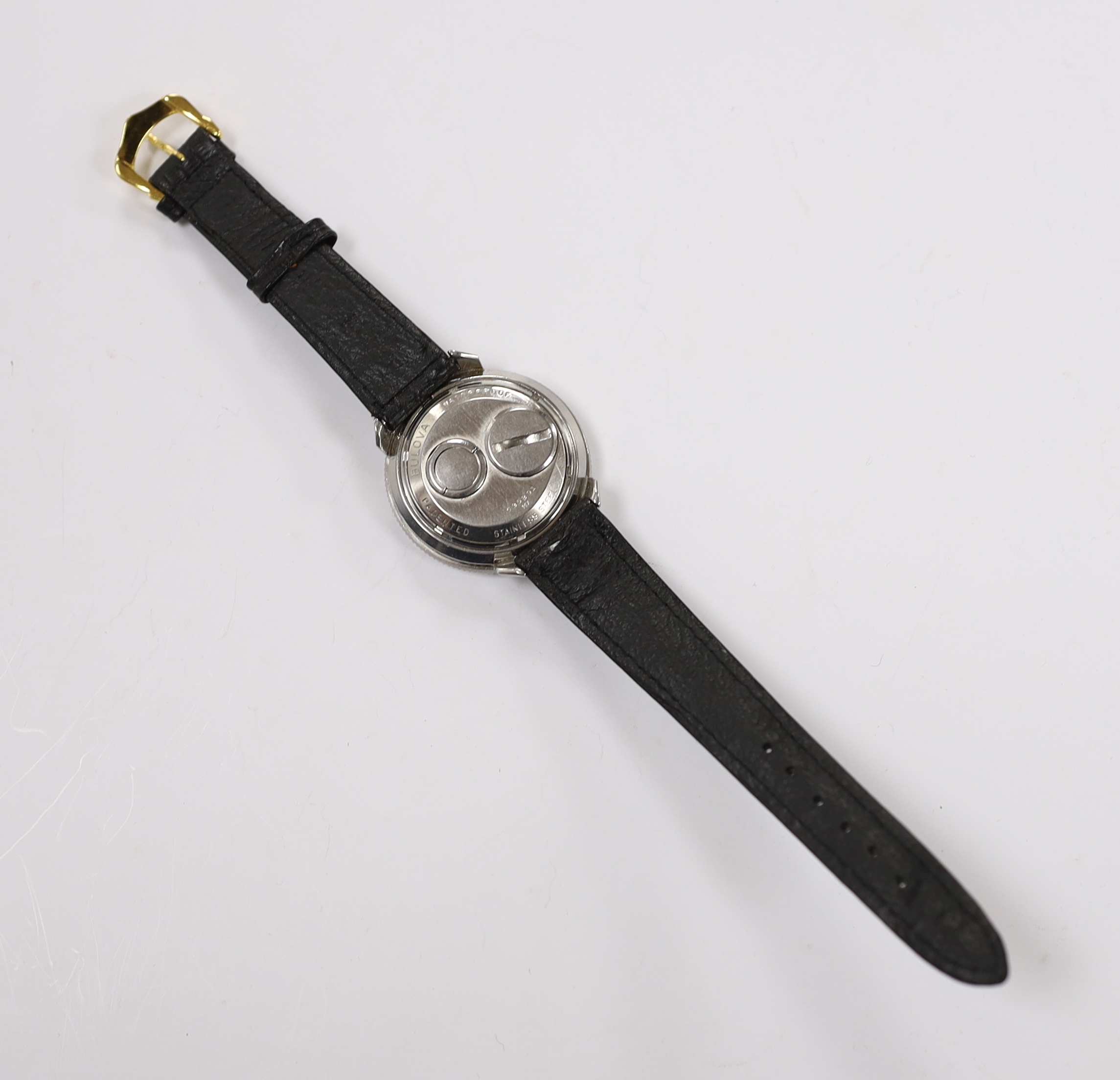 A gentleman's stainless steel Bulova Accutron Astronaut wrist watch, on a leather strap, cased diameter 38mm.